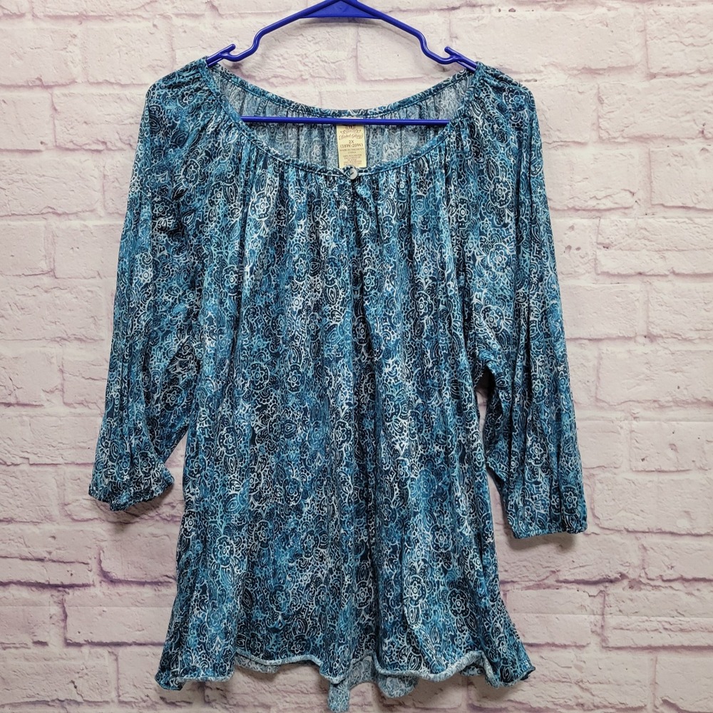 Faded Glory Blue Paisley Peasant Blouse 2X 100% Polyester Boho Festival Prairie